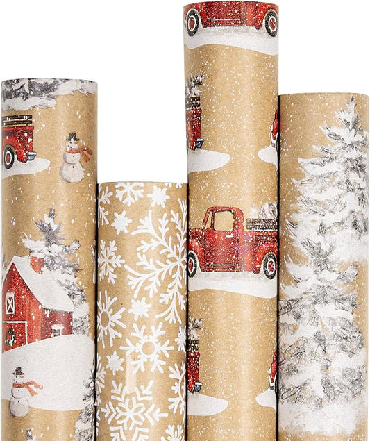 RUSPEPA Christmas Wrapping Paper, Kraft Paper - Snowflake, Snowman, Red Truck and Christmas Tree - 4 Rolls - 30 inches x 10 feet per Roll