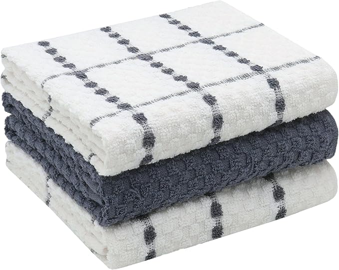 Cotton Dish Towels for Kitchen Drying Dishes, Set of 3, Terry Kitchen Hand Towels, Light and Soft Tea Towels for Baking, 15 Inch x 25 Inch (Grey Set)