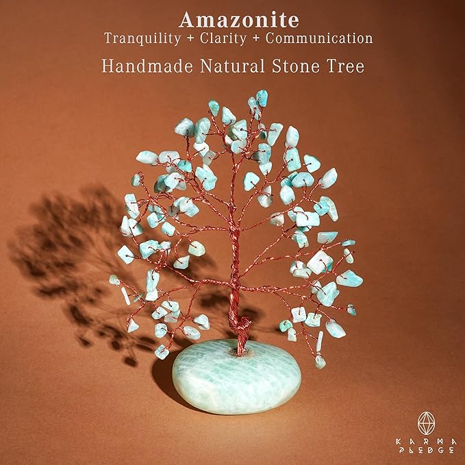 KARMAPLEDGE Crystal Tree of Life Home and Office Feng Shui Decor, Amazonite Healing Crystal Handmade Bonsai Tree for Positive Energy, Good Luck, Money, Christmas Decor, Birthday Gifts for Women, Mom