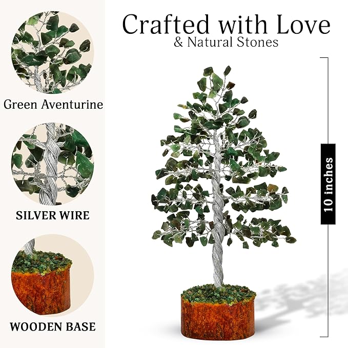 FASHIONZAADI Gemstone Money Tree Reiki Healing Chakra Balancing Handmade Bonsai Trees Spiritual Gift Aura Cleansing Good Luck Home Decor (Green Aventurine Silver Wire)