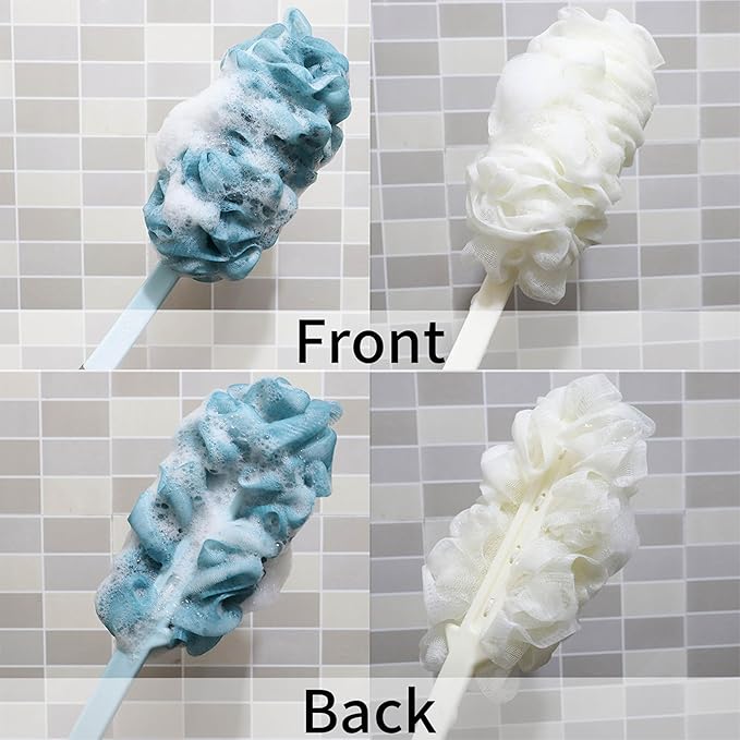 2Pack Back Scrubber for Shower, Loofah with Handle, Back Loofah Non-Slip Handle, Bath Body Brush, Scrub Cleaning Brush for Shower, Soft Mesh Sponge On a Stick for Men Women Elderly (Blue and White)