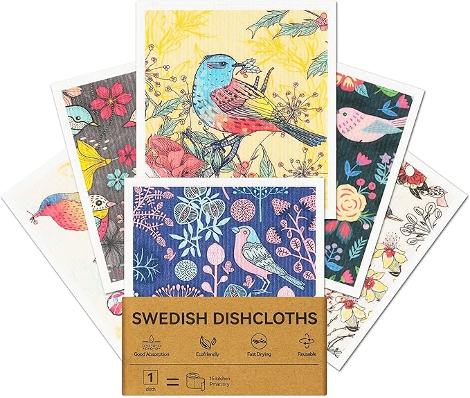 Swedish Dishcloths for Kitchen, 6 Pack Reusable Paper Towels Washable, Super Absorbent Kitchen Towels, Odorless, Biodegradable and Quick-Drying Dish Cloths, Flower and Bird Pattern