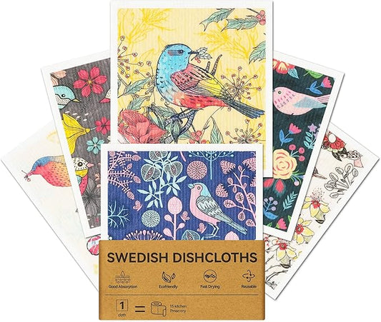 Swedish Dishcloths for Kitchen, 6 Pack Reusable Paper Towels Washable, Super Absorbent Kitchen Towels, Odorless, Biodegradable and Quick-Drying Dish Cloths, Flower and Bird Pattern