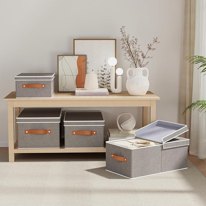 5-Pack Storage Boxes, Foldable Blanket Basket with Detachable Lid, Linen Closet 0rganizers with Double Handles, Collapsible Cubes for Organizing, Grey, 16.1 x 9.8 x 6.5 inch