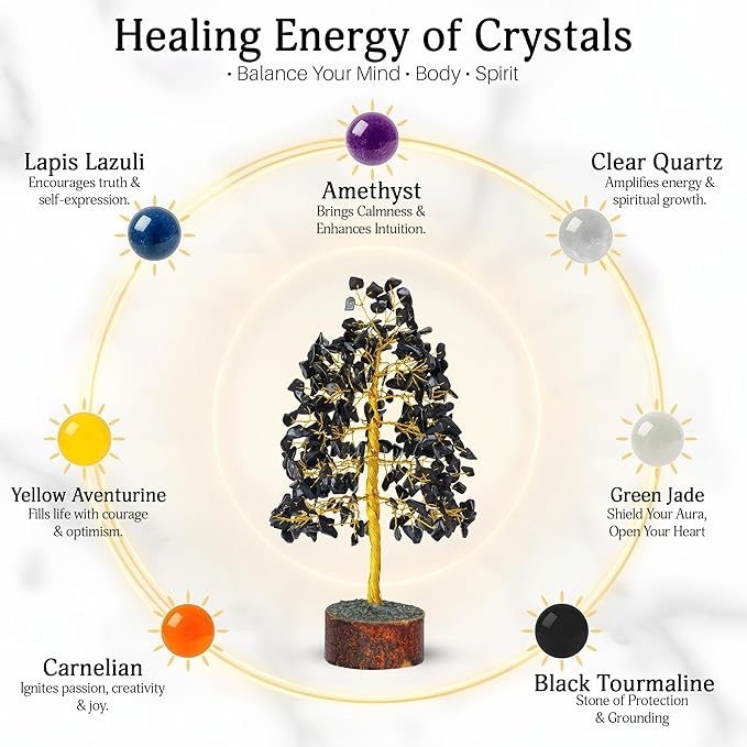 FASHIONZAADI Black Tourmaline Gemstone Tree - Feng Shui Money Bonsai Tree for Home Decor - Black Tourmaline Crystal Spiritual Gift - Good Energy Chakra Stone 10 Inch - Good Luck Stones and Crystals