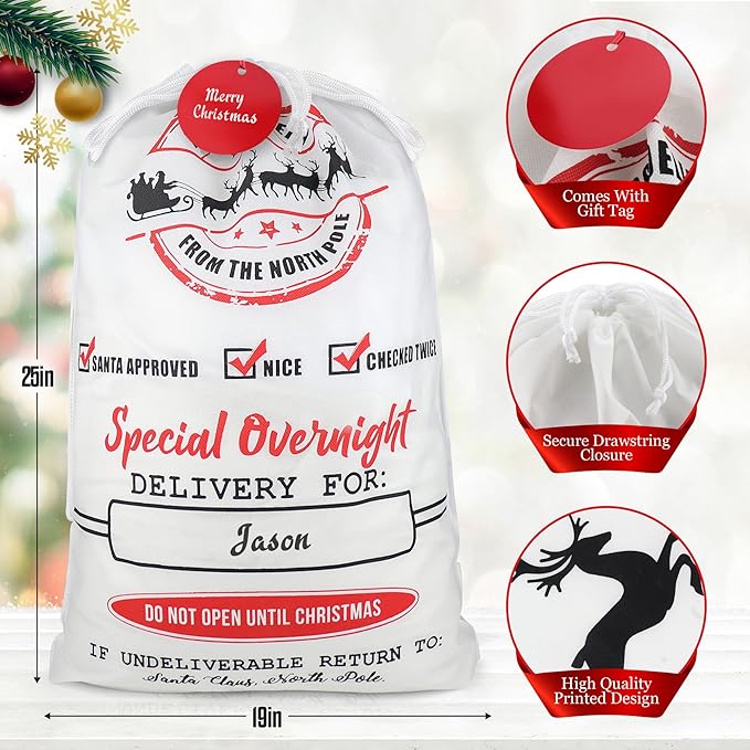 3 Pack Santa Sacks Drawstring Christmas Bags XL - Personalized Santa Sack Bags, Extra Large Bag for Christmas