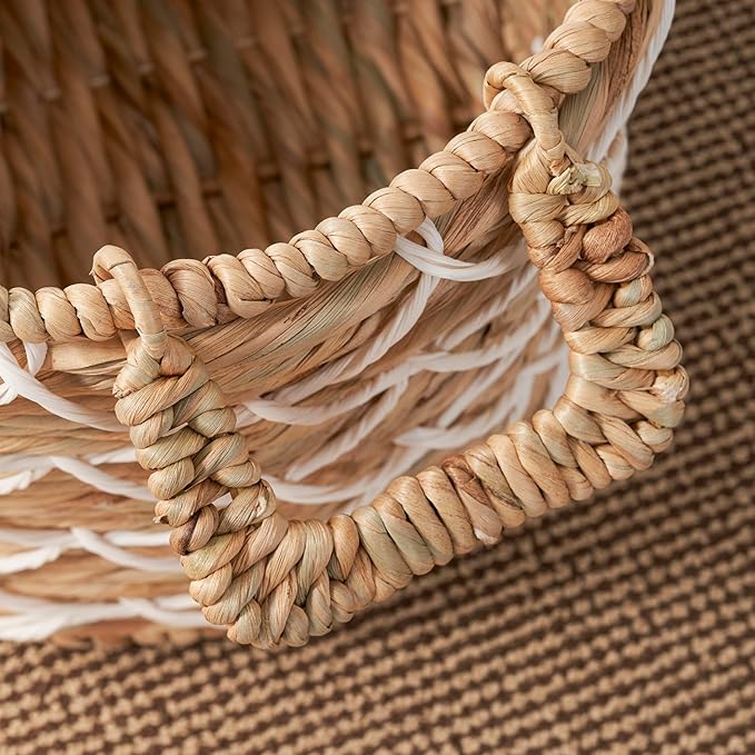 Round Water Hyacinth Woven Basket with Handles - 18" x 18" x 12.2" - Natural Brown - for Clothes, Towels, Canvas, Toys and Magazine Storage and Home Decoration