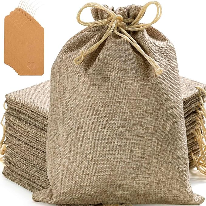 Homum 50PCS Burlap Gift Bags with Drawstring and Gift Tags & String, 7x9 Inch Party Favor Burlap Bags Linen Jewelry Pouches for Party, Wedding, Jewelry Pouches, Christmas, Festival, Coffee, DIY Craft