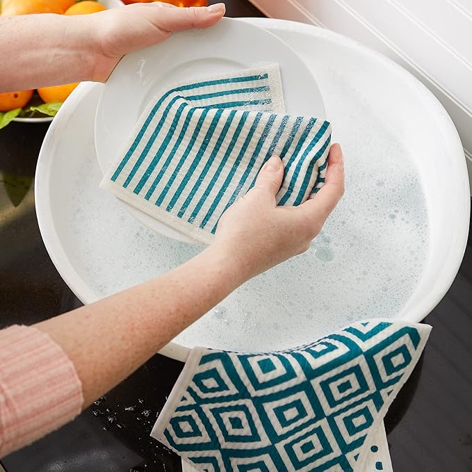 DII Swedish Dishcloths for Kitchen & Cleaning, Reusable, Machine Washable & Dishwasher Safe, Biodegradable, 7.75 x 6.75, Teal & White