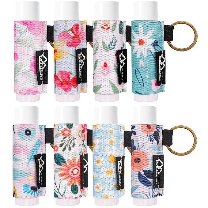WK IEASON Lip Balm Holder Keychain, Stocking Stuffers For Teen Girls, 8PCS Clip on Lip Gloss Holder Compatible With Chapstick, Burt's Bees Sleeves Holder Key Chains Women Cute Elastic Lipstick Holder