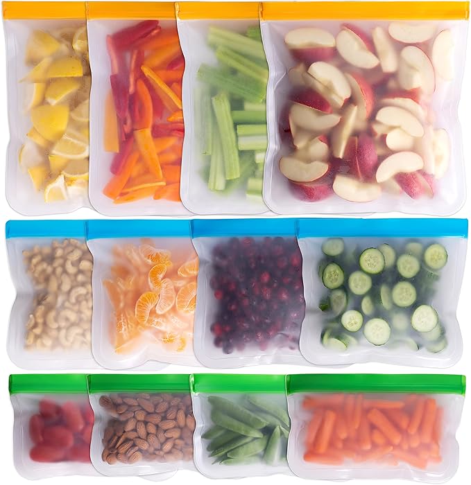Greenzla Reusable Food Storage Bags - 12 Pack BPA-Free, Extra Thick, Leakproof Freezer & Lunch Carriers; 4 Gallon, Sandwich & Snack Options - Reusable Lunch Bags
