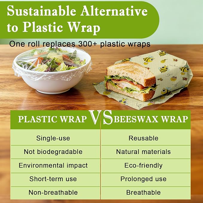 Reusable Beeswax Wraps For Foods, Cheese, Sandwich & Bread- 13 x 39'' Cut to Size - Eco-Friendly Food Storage Alternative to Plastic Wrap & Cheese Paper (Bee Pattern001, 13x39'')