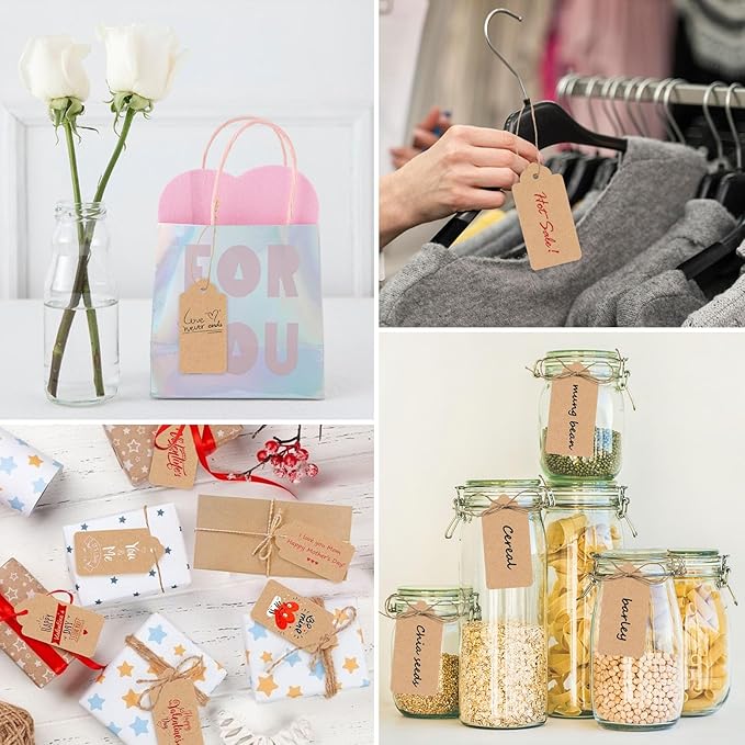 SallyFashion 100pcs Gift Tags with String Attached, 2 x 4 inch Kraft Paper Hang Tags for Clothes DIY Crafts Wedding Holiday (Brown)