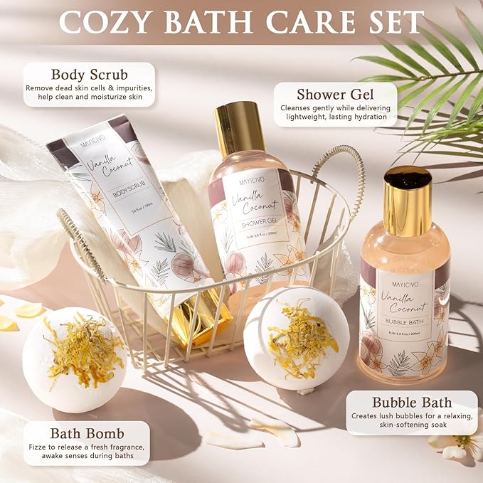 Christmas Birthday Gifts for Women, Vanilla Coconut Relaxing Spa Gift Baskets for Women Self Care Package Bath Gift Set, Home Bath and Body Kit Pampering Gifts for Womens Mom Her Friends Sister Wife