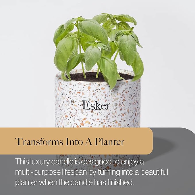 Esker Terrazzo Plantable Candle – Hand-Poured Soy Wax with Essential Oils, Eco-Friendly Reusable Planter, Includes Wildflower Seed Paper for Sustainable Gifting