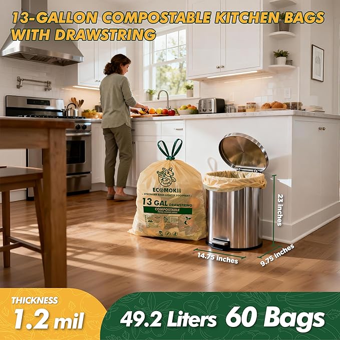 EcoMokii Compostable Trash Bags with Drawstring 13 Gallon, 60 Count, 49.2 Liter, 1.2 Mil Heavy Duty Extra Thick for Tall Kitchen Garbage Can, Compost Food Waste Bag, BPI (ASTM D6400)