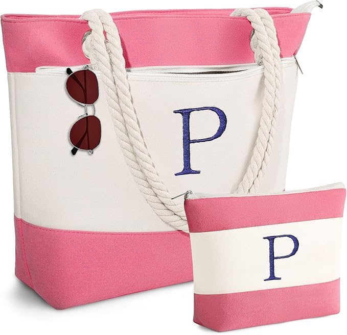 YOOLIFE Christmas Gifts for Women - Personalized Initial Canvas Beach Bags for Women Gifts for Mom Teacher Friend Birthday