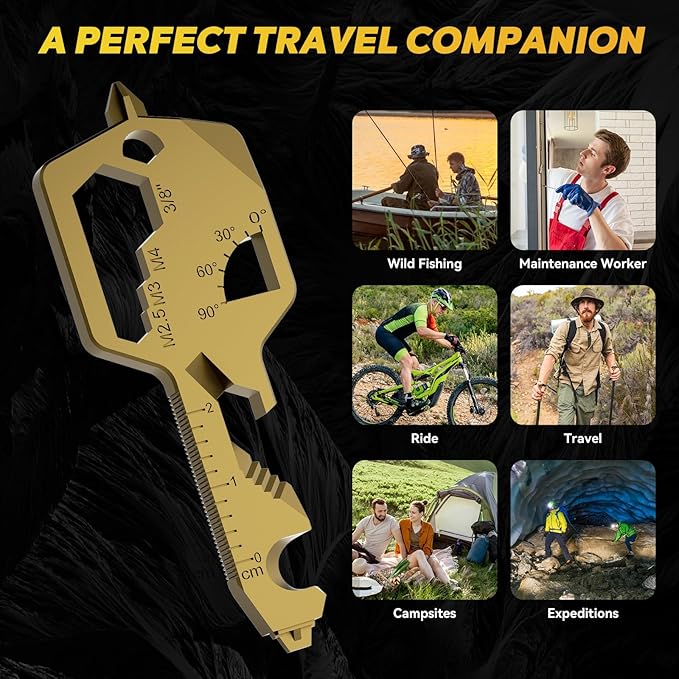Key Shaped Pocket MultiTool 20-in1 Multi Tool, Stainless Steel Keychain Utility Gadget,Gift for Men, Women, Father,Groomsmen, Valentine's, Birthday, Christmas(Gold)