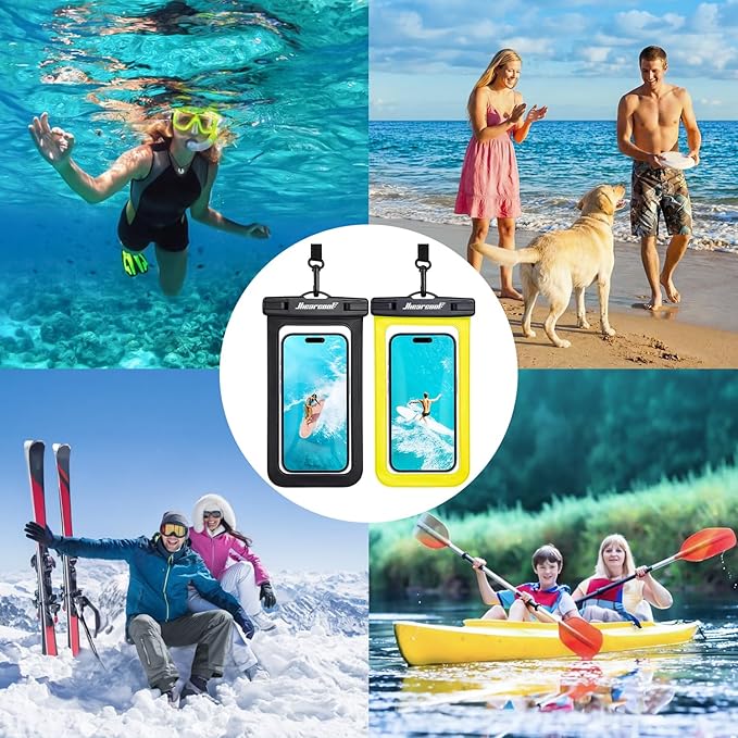 Hiearcool Waterproof Phone Pouch,Waterproof Cell Phone Dry Bag for iPhone,Universal Waterproof Case Beach Essentials for Vacation Kayak Cruise Accessories Must Haves-Black&Yellow-2Pack