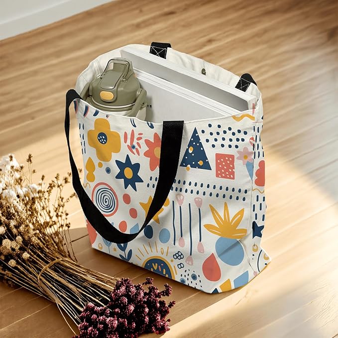 Large Tote Bag for Women, Floral Grocery Tote with Snap Thick Canvas Both Side Pattern, Gift Daily Use Shopping Travel Picnic