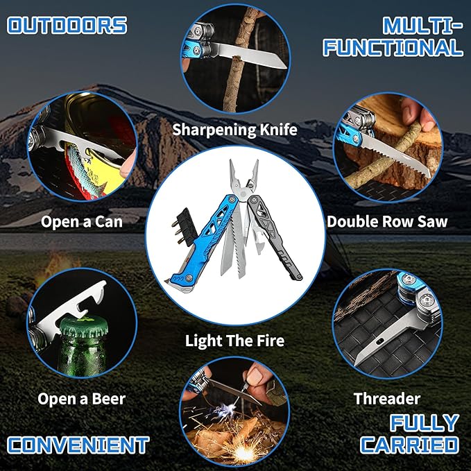 17-in-1 Multitool Pliers with Nail Puller, Saw Screwdrivers, Bottle Opener,Carrying Pouch,High-carbon Steel Multi Tool Ideal for Camping Survival and Gift Blue and Silver
