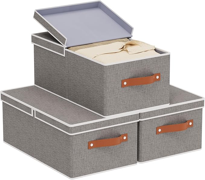 3-Pack Storage Boxes, Foldable Blanket Basket with Detachable Lid, Linen Closet 0rganizers with Double Handles, Collapsible Cubes for Organizing, Grey, 16.1 x 9.8 x 6.5 inch