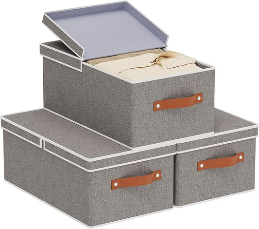 3-Pack Storage Boxes, Foldable Blanket Basket with Detachable Lid, Linen Closet 0rganizers with Double Handles, Collapsible Cubes for Organizing, Grey, 16.1 x 9.8 x 6.5 inch
