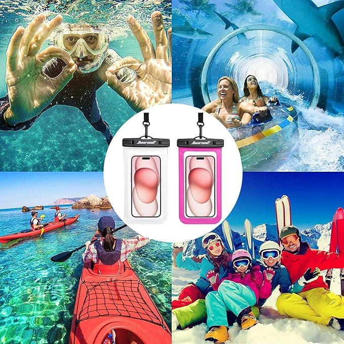 Hiearcool Universal Waterproof Phone Pouch,IPX8 Cell Phone Waterproof Case Up to 8.3" for iPhone 17 16 15 14 13 Pro Max,Beach Essentials Vacation Must Haves-Clear&Bright Red-2Pack