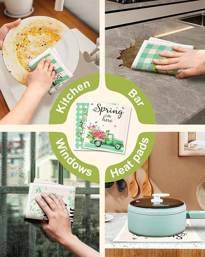 Swedish Dishcloths for Kitchen - 5 Pack Reusable Dish Cloths for Washing Dishes Absorbent Cute Funny Kitchen Towels Cleaning Sponge, Green Rabbit