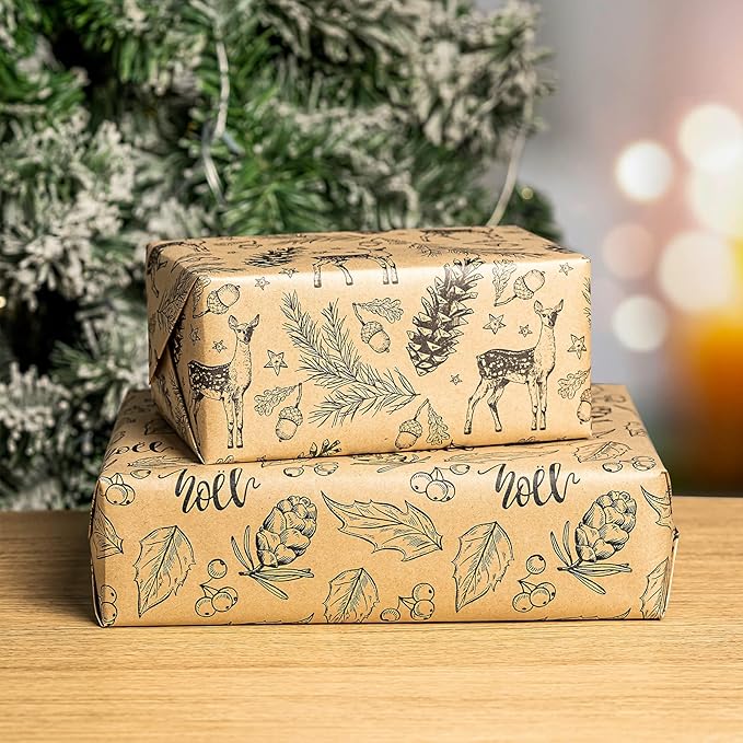 RUSPEPA Christmas Wrapping Paper Set - 4 Rolls of Kraft Wrapping Paper (30 Inches x 10 Feet Per Roll) with 8 Gift Bows, 1 Spools of Bakers Twine, Jute String, 30 Stickers and 30 Gift Tags - Black