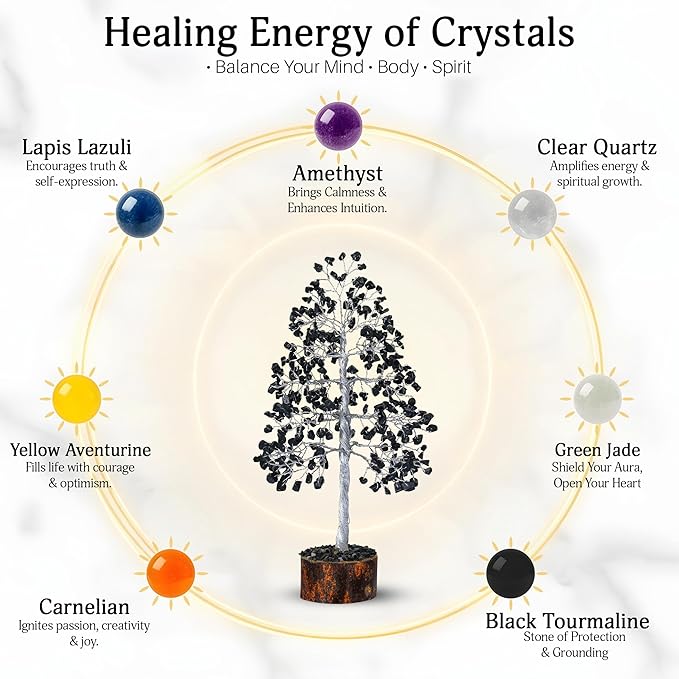 FashionZAADI Black Tourmaline Crystal Bonsai Tree for Positive Energy - Reiki Protection Crystals - Tree of Life Decor - Desk Accessories Aesthetic