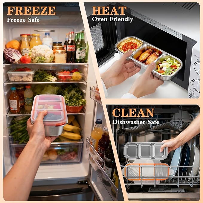 10 Pack Stainless Steel Snack Containers with Lids - 3 Compartments Reusable Metal Bento Boxes Divided Food Storage Containers For School,Office Home And Travel Stackable Lunch Boxes