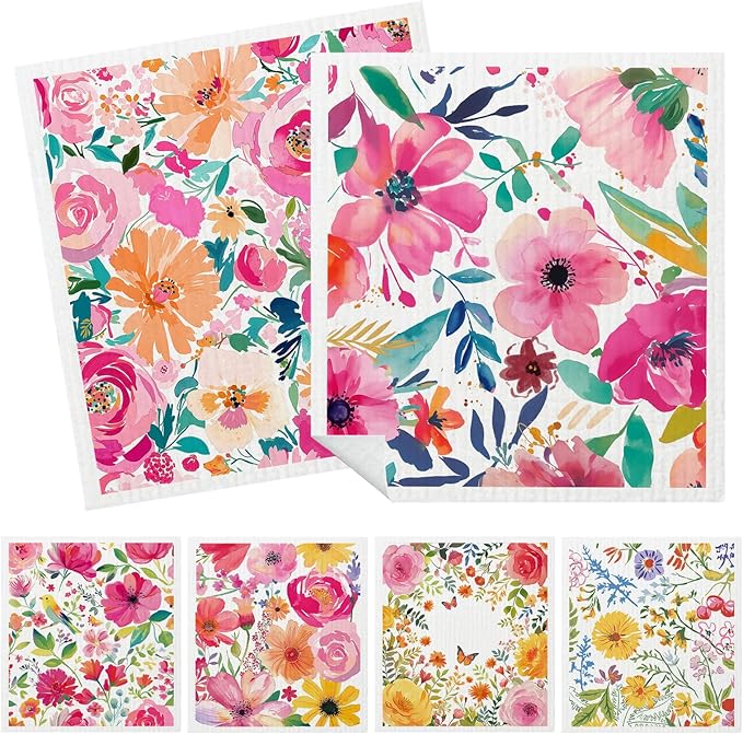 Mixed Flowers Swedish Kitchen Dishcloths Dish Towels 6 Pack, Flowers Dish Towels for Kitchen, Swedish Dishcloth with Flower, Paper Towels Reusable, Dish Cloth Towel Cleaning Wipe for Home Party