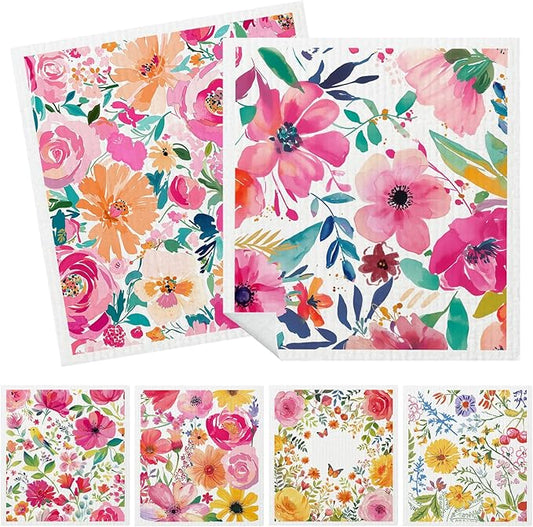 Mixed Flowers Swedish Kitchen Dishcloths Dish Towels 6 Pack, Flowers Dish Towels for Kitchen, Swedish Dishcloth with Flower, Paper Towels Reusable, Dish Cloth Towel Cleaning Wipe for Home Party