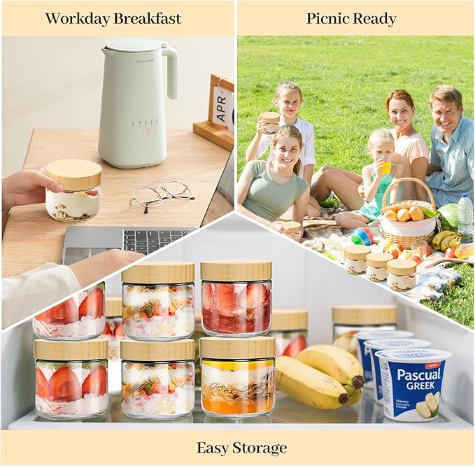 4 Pack 10oz Glass Jars with Bamboo Lids, Spoons, Airtight Overnight Oats Containers, Wide Mouth Mason Jars, Food Storage Container for Yogurt Salad Snacks Spice Sugar Meal Prep – Reusable