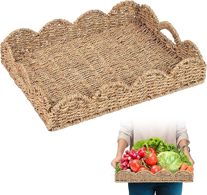Seagrass Serving Tray with Scalloped Edge and Built-in Handles (17" x 13" x 3")