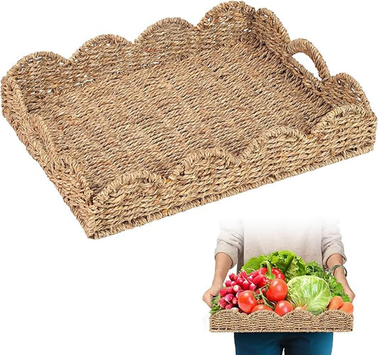 Seagrass Serving Tray with Scalloped Edge and Built-in Handles (17" x 13" x 3")