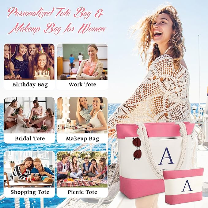 YOOLIFE Christmas Gifts for Women - Personalized Initial Canvas Beach Bags for Women Gifts for Mom Teacher Friend Birthday