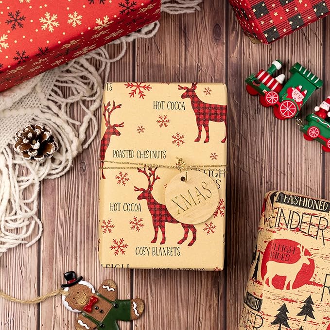 RUSPEPA Christmas Wrapping Paper, Kraft Paper - Red and Black Christmas Designs - 4 Rolls - 30 inches x 10 feet per Roll