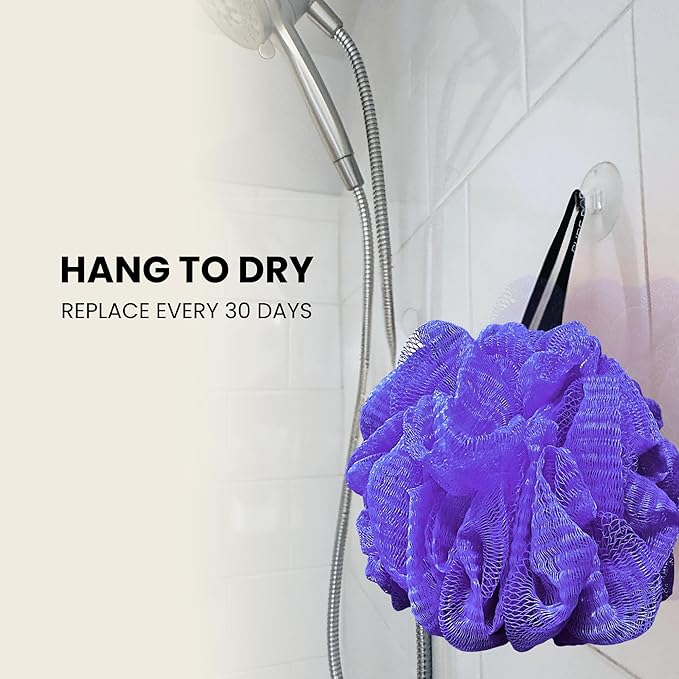 Large Purple Bath Sponge Pack of 3 – Gentle Exfoliation Loofahs with Suction Cup for Easy Drying, Soft 70G Mesh Poufs for All Skin Types, Lather for Daily Use