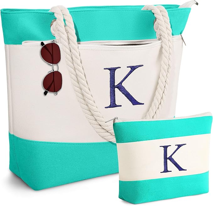 YOOLIFE Christmas Gifts for Women - Personalized Initial Canvas Beach Bags for Women Gifts for Mom Teacher Friend Birthday