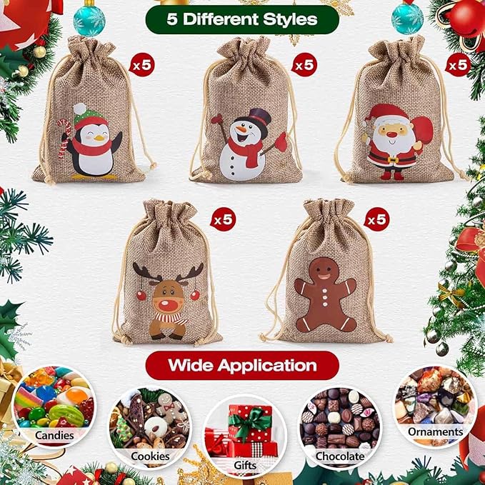 Homum 25 Pcs Christmas Burlap Gift Bags with Drawstring and Tags - 7x9 Inch Tiny Small Gift Bags for Xmas Candy and Christmas Supplies