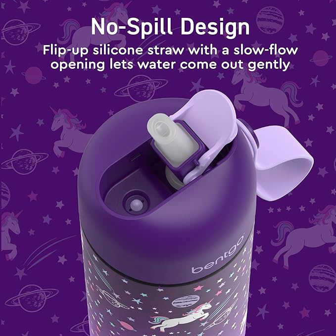Bentgo Kids Water Bottle 2-Pack - Leak-Proof, Durable Tritan, BPA-Free 15 oz. Cup for Kids/Toddlers Ages 3+, Safe Sip Spout, & Dishwasher Safe for School/Sports/Daycare/Camp (Unicorn/Lavender Galaxy)