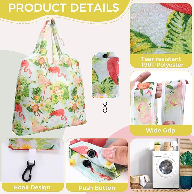 Tanlade 50 Pcs Reusable Grocery Bags Large Foldable Polyester Tote Bag Heavy Duty Washable Shopping Bags with Pouch Attached