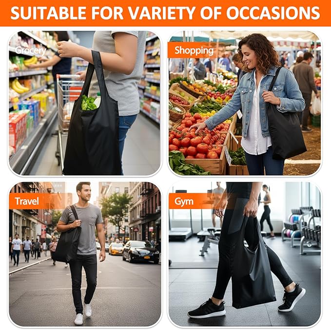 20 Pcs Reusable Grocery Bags Foldable Shopping Bags into Compact Pouch Large Black Totes with Handle Oxford Cloth Portable Lightweight Washable for Market Daily Use Travel Supermarket