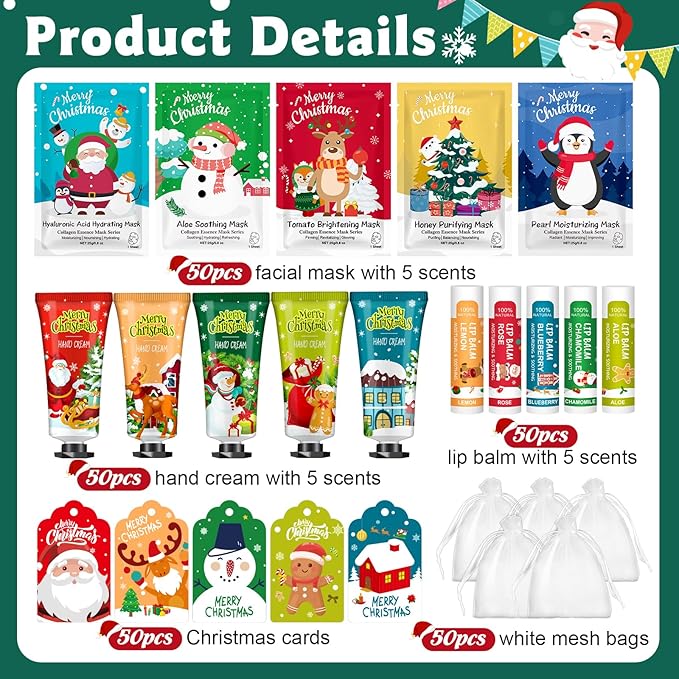 50 Pack Christmas Hand Cream, Facial Mask and Lip Balm Gift Set, Stocking Stuffers for Women, Bulk Christmas Gifts with Christmas Cards Organza Bag for Christmas Party Supplies, Christmas Decorations