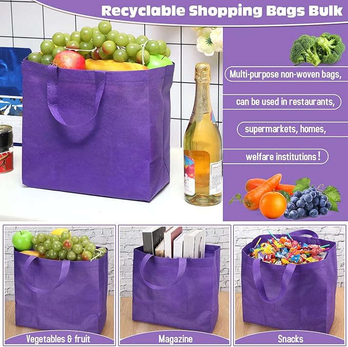 Windyun Reusable Grocery Bags Large Non Woven Shopping Bags with Handles Foldable Portable Tote Bulk, 12.6 x 11.8 x 6.3 Inch