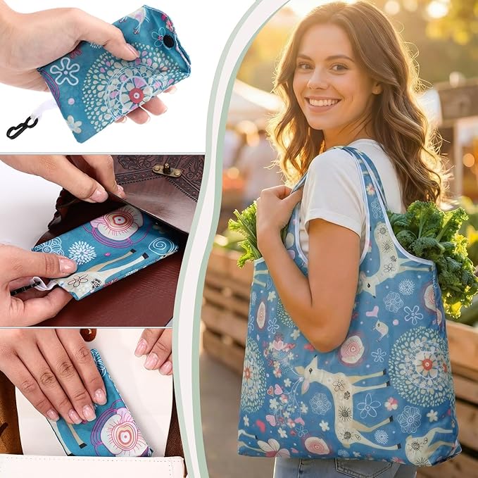 Tanlade 50 Pcs Reusable Grocery Bags Large Foldable Polyester Tote Bag Heavy Duty Washable Shopping Bags with Pouch Attached