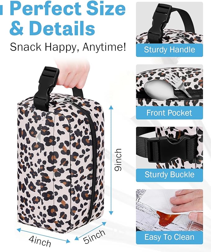 Small Insulated Snack Bag Lunch Box,Collapsible Reusable Small Lunch Bag with Snap Buckle Handle for Beach Travel Picnic,Leopard Print 5-Can(3L)