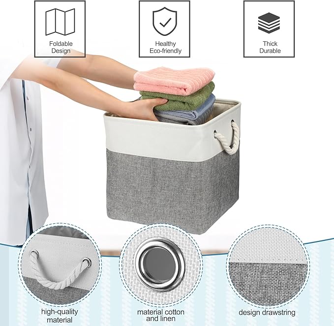 meekoo 8 Pack Collapsible Storage Bins Fabric Storage Bins Polyester Fabric Baskets with Handles Linen Closet Organizer for Shelf Home Closet Towels Toys(12 x 12 x 12 in,Gray White)